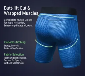 Detail of men's compression shorts with 3D blue honeycomb texture and reinforced seams