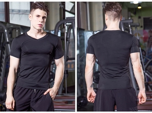 Front and back views of men's black V-neck compression t-shirt for fitness and gym workouts