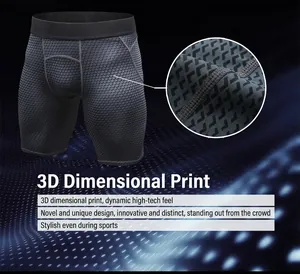 Detail of 3D geometric printed men's compression shorts with reinforced stitching
