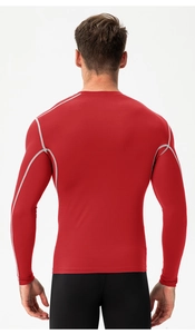 Rear view of men's red compression sports shirt with grey contrast flatlock stitching
