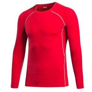 Men's red compression long sleeve running shirt with raglan sleeves and flatlock stitching