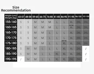 Size chart for men's athletic shorts showing height and weight recommendations from S to 2XL