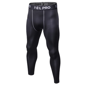 Men's black compression sports pants with grey stitching and elastic waistband