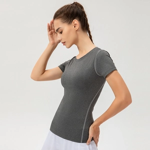Damen Sport-T-Shirt eng geschnitten in Dunkelgrau meliert aus schnelltrocknendem Stoff
