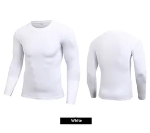 Front and back view of men's white compression long sleeve workout shirt with 3D ghost model