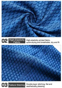 Detail of blue 3D geometric fabric with professional flatlock stitching for sportswear