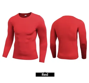 Front and back view of red compression long sleeve shirt for gym and running