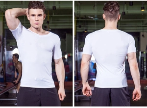Front and back view of men's white compression V-neck fitness t-shirt in a gym setting