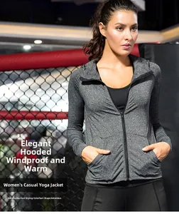 Close-up of grey heather hooded yoga jacket with zipper and side pocket for women