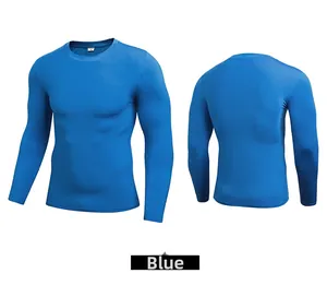 Front and back view of blue compression sports shirt showing elastic fit and fabric