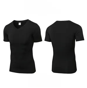 Detailed front and back view of men's slim fit V-neck sports T-shirt in black