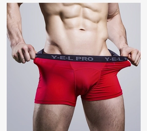 Detail of red athletic boxer briefs with black Y-E-L PRO elastic waistband for men