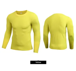 Front and back view of men's compression long sleeve running shirt in vibrant yellow color