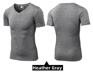 Detail view of heather grey V-neck athletic T-shirt in quick-dry stretch fabric