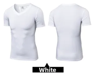 Front and back view of white slim fit men's V-neck athletic training shirt