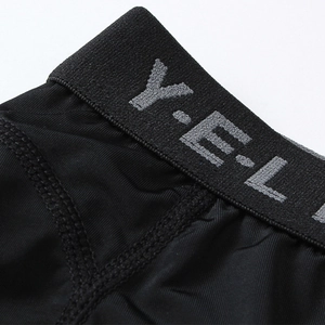 Detail of men's athletic shorts featuring a black elastic waistband with Y-E-L lettering