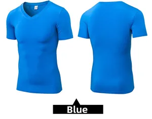 Front and back view of blue V-neck compression shirt with athletic slim fit design