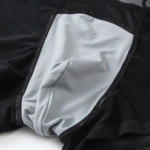 Detail of 3D pouch on black sports underwear with gray stitching and quick-dry texture