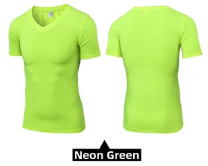 Front and back view of men's slim fit V-neck neon green quick-dry athletic t-shirt