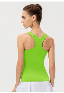 Vue arrière du débardeur de sport vert fluo montrant la coupe dos nageur et le tissu respirant