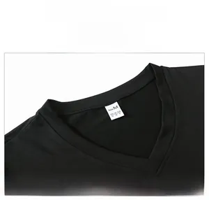 Detailed view of the V-neck design with neat and meticulous stitching on black shirt