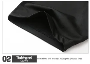 Detailed close-up of tight-fitting cuffs on a men's black high-elastic compression sports shirt