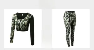 Women's army green camo fitness set featuring long sleeve crop top and high waist leggings