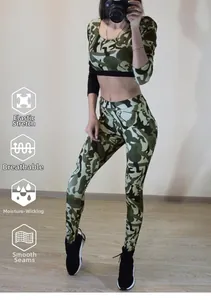 Detail of high-stretch camouflage fitness set with breathable fabric and flat seams
