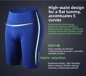 Detailed view of high-waisted blue yoga shorts featuring flatlock seams and compression fabric
