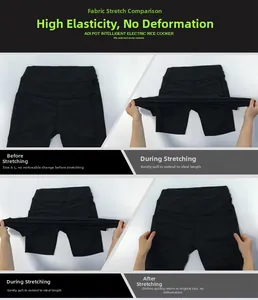 Detail view of black yoga shorts showing high-elasticity fabric stretch and side pocket
