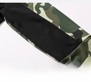 Detail of army green camo and black stitching on high-stretch fitness yoga top