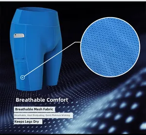 Detail of blue yoga shorts showing breathable mesh panel and side pocket for smartphone