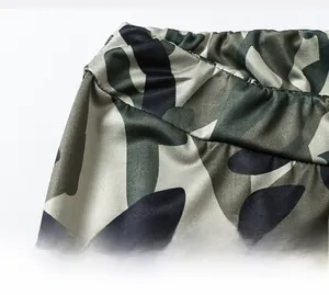 Detail of high-waist yoga pants featuring woodland camouflage pattern and wide waistband