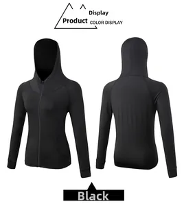 Detailed front and back view of black slim-fit hooded yoga running jacket with zipper