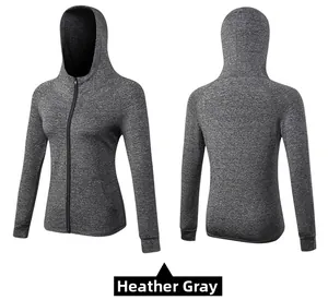 Front and back view of a heather grey zip-up hooded sports jacket with fleece lining