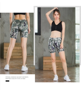 Front and back view of camo yoga shorts with high elasticity for fitness training