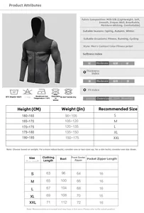 Men's hooded sports jacket size chart and detailed fabric specifications for running