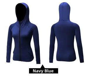 Detailed front and back view of a navy blue slim-fit hooded sports jacket for women