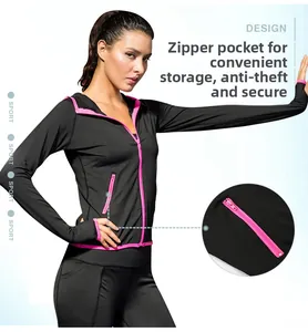Détail de la veste de sport avec poches zippées roses et passe-pouces coupe-vent