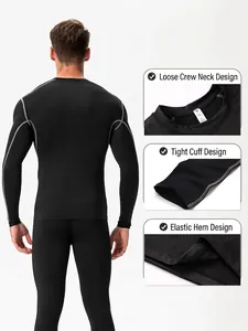 Men's black compression sports set with long sleeves and pants for gym and running