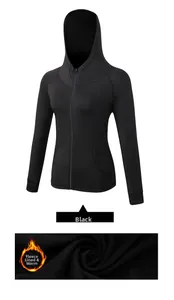 Women's black zip-up fitness hoodie with warm fleece lining and side pockets detail