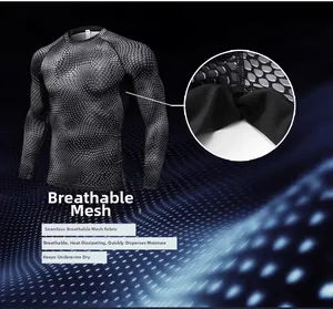 Detail of men's compression shirt showing breathable mesh stitching and honeycomb texture