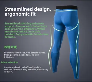 Detail of men's blue compression pants showing professional flatlock stitching and seams