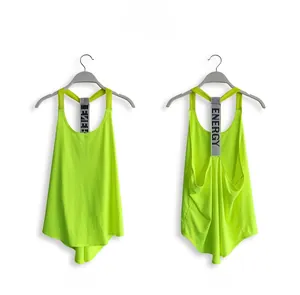 Detailed back view of neon green racerback sports tank top with ENERGY strap printing