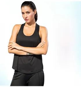 Close-up of black racerback yoga tank top featuring breathable quick-dry fabric texture