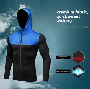 Detail of blue and black hooded sports jacket with moisture-wicking fabric close-up