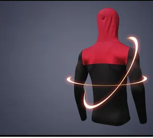 Rear view of red and black men's hooded sports jacket featuring thermal lock technology