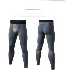 Front and back view of men's heather grey compression leggings with ergonomic flatlock seams