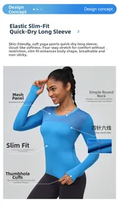 Detail of blue yoga top showing mesh stitching, thumbholes and durable flatlock seams