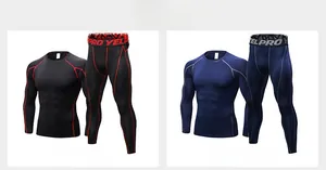 Detail showing two-piece men's compression sport sets with red and grey contrast stitching